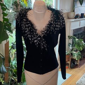 Elegant Black Feather-Trimmed Women's Cardigan